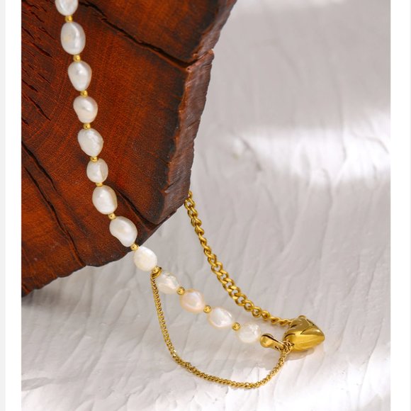 New 18K Gold Natural Pearl Heart Chain Necklace - Picture 11 of 16